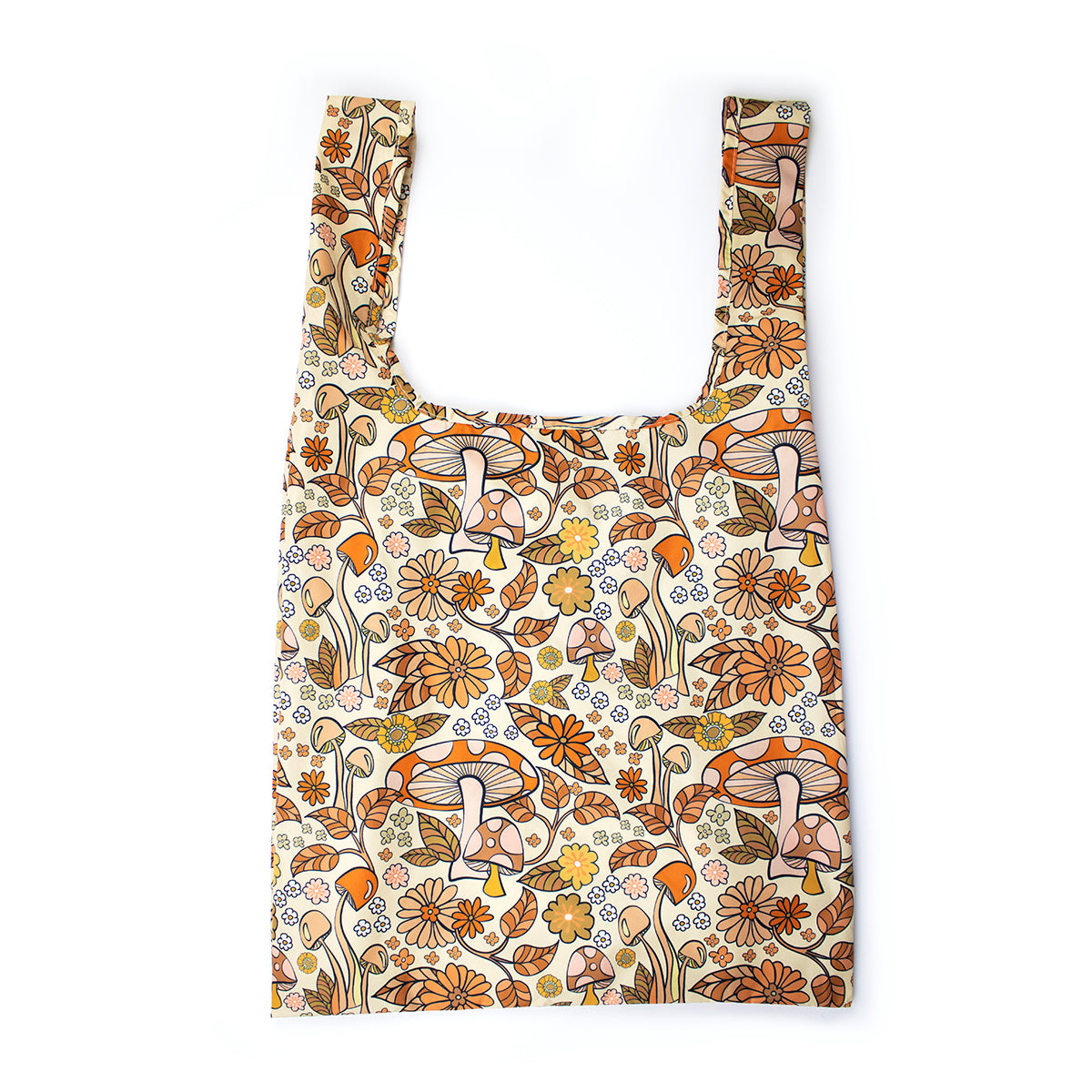 Image showing Regusable bag by Kind bag in earthy toned mushrooms print, bag shown front on.