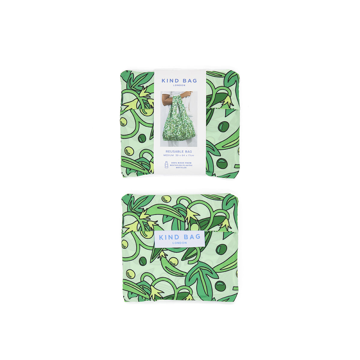 Image showing Regusable bag by Kind bag in green peas print, folded up in packaging