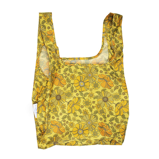 Image showing Regusable bag by Kind bag in yellow retro flowers print, bag shown front on.
