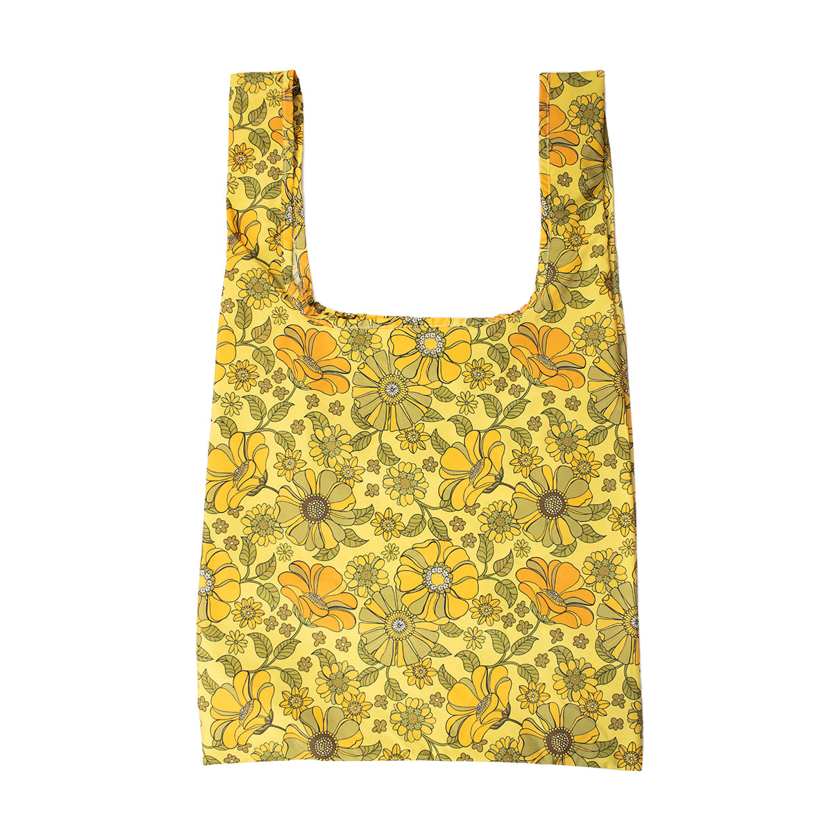 Image showing Regusable bag by Kind bag in yellow retro flowers print, bag shown front on.