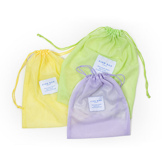 Image showing set of 3 Regusable Mesh bags by Kind bag in flat lay format.