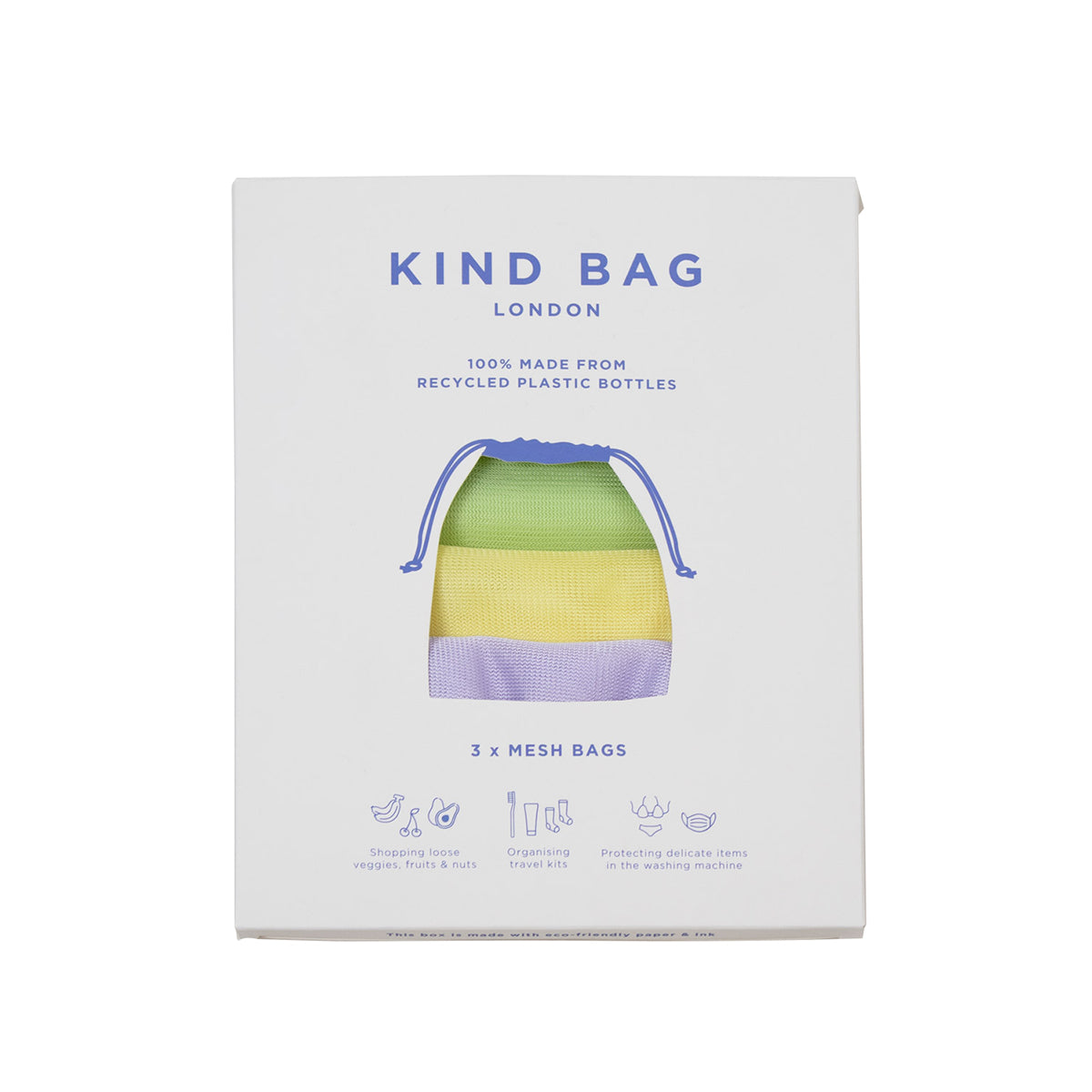 Image showing set of 3 Regusable Mesh bags by Kind bag in packaging.