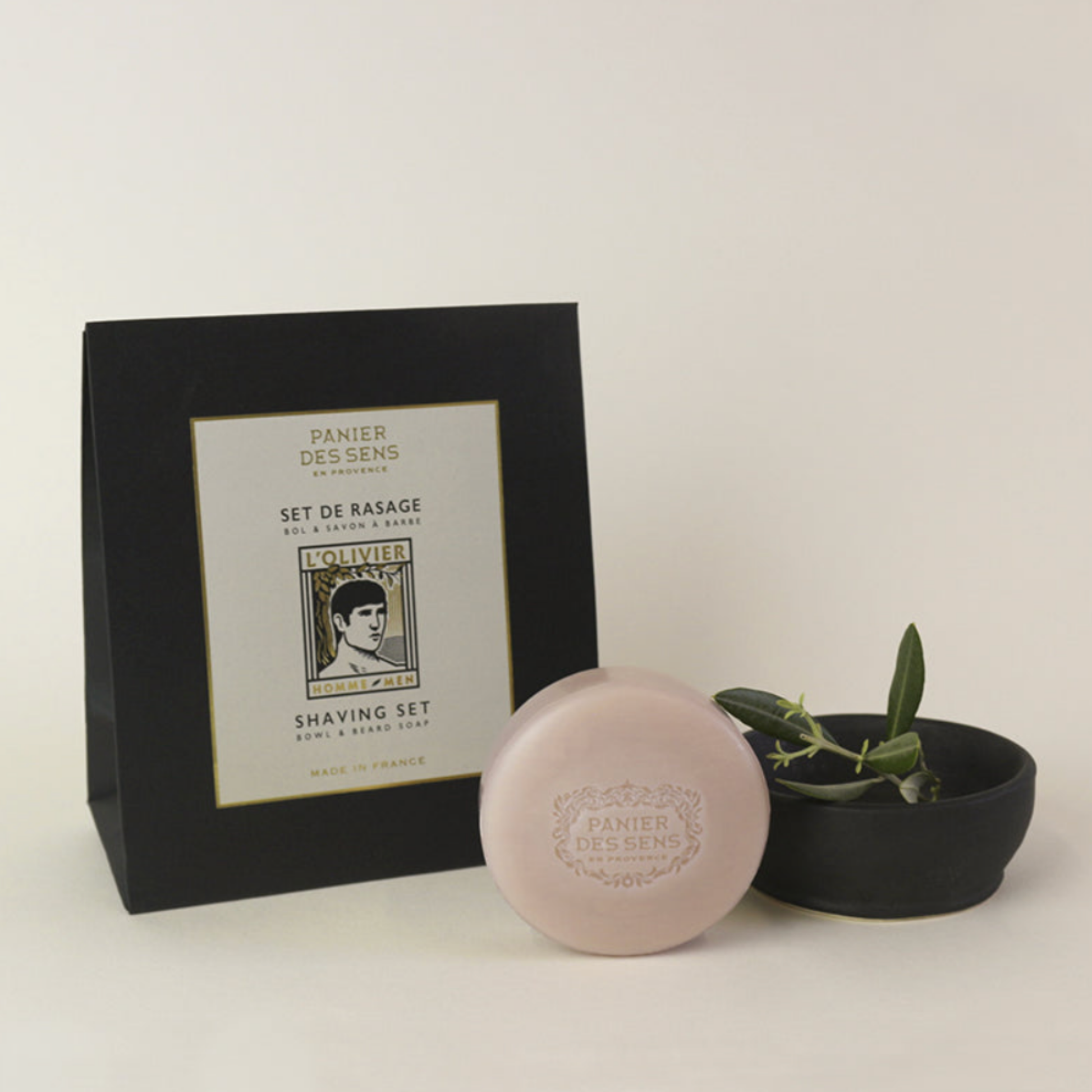 Panier Des Sens LOlivier Shaving Set Soap and Bowl with packaging styled with leaves 