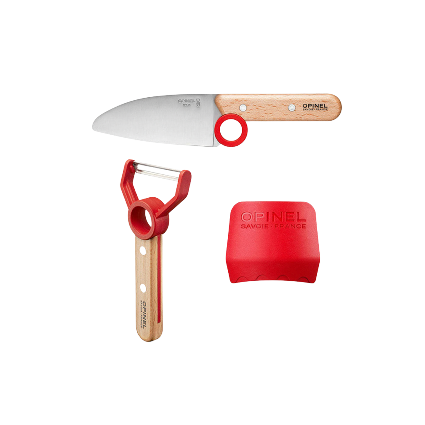 Opinel Le Petit Chef 3pc Set SS Red out of packaging with knife, peeler and knuckle cover