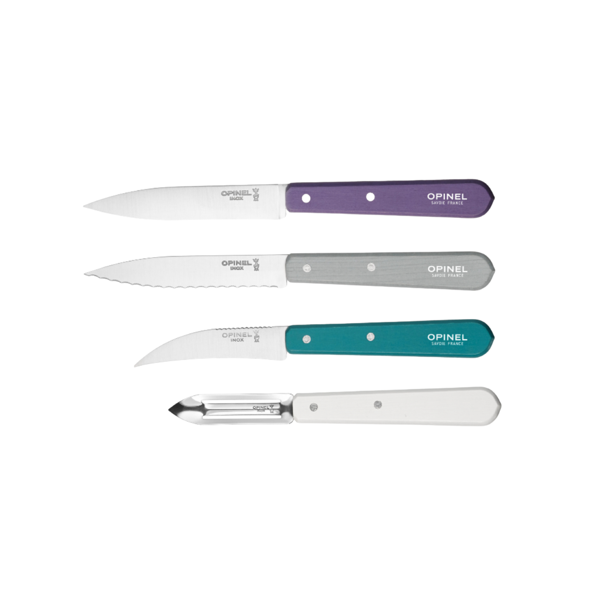 Opinel Les Essentiels Kitchen Knife Set SS Art Deco in unpackaged showing the pairing knife No112, serrated knife No113, Vegtable knife No114 and Peeler No115