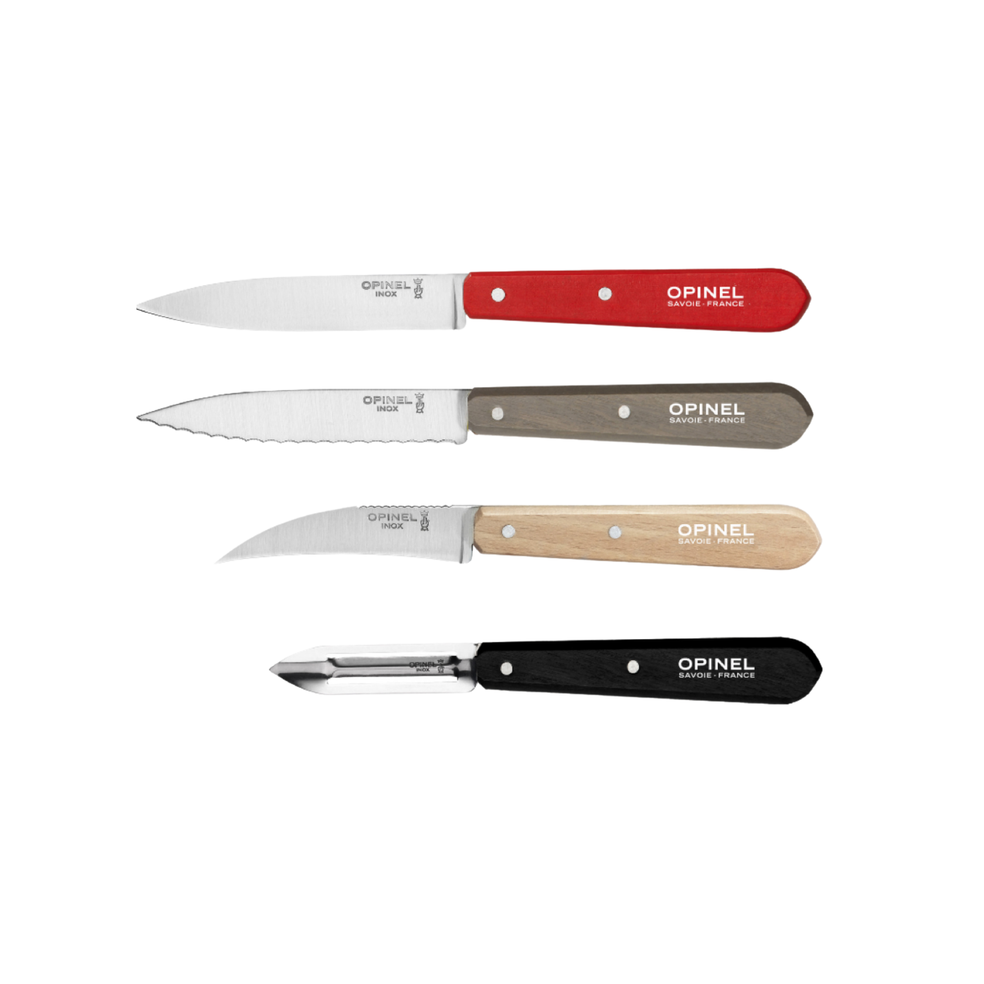 Opinel Les Essentiels Kitchen Knife Set SS Loft in unpackaged showing the pairing knife No112, serrated knife No113, Vegtable knife No114 and Peeler No115