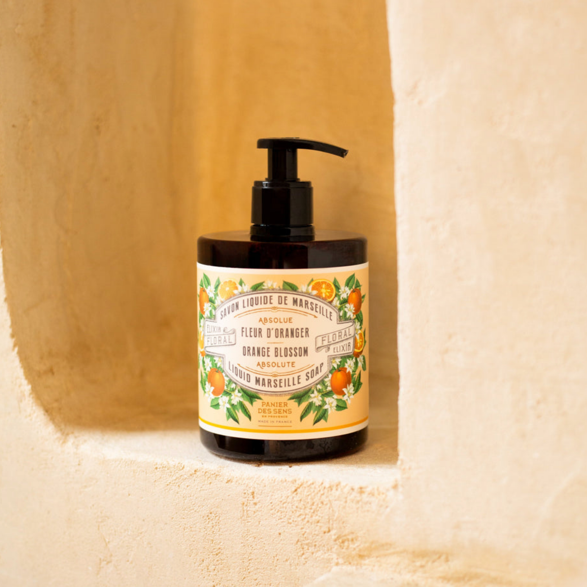 Panier Des Sens Marseille Liquid Soap Orange Blossom on alcove ledge 