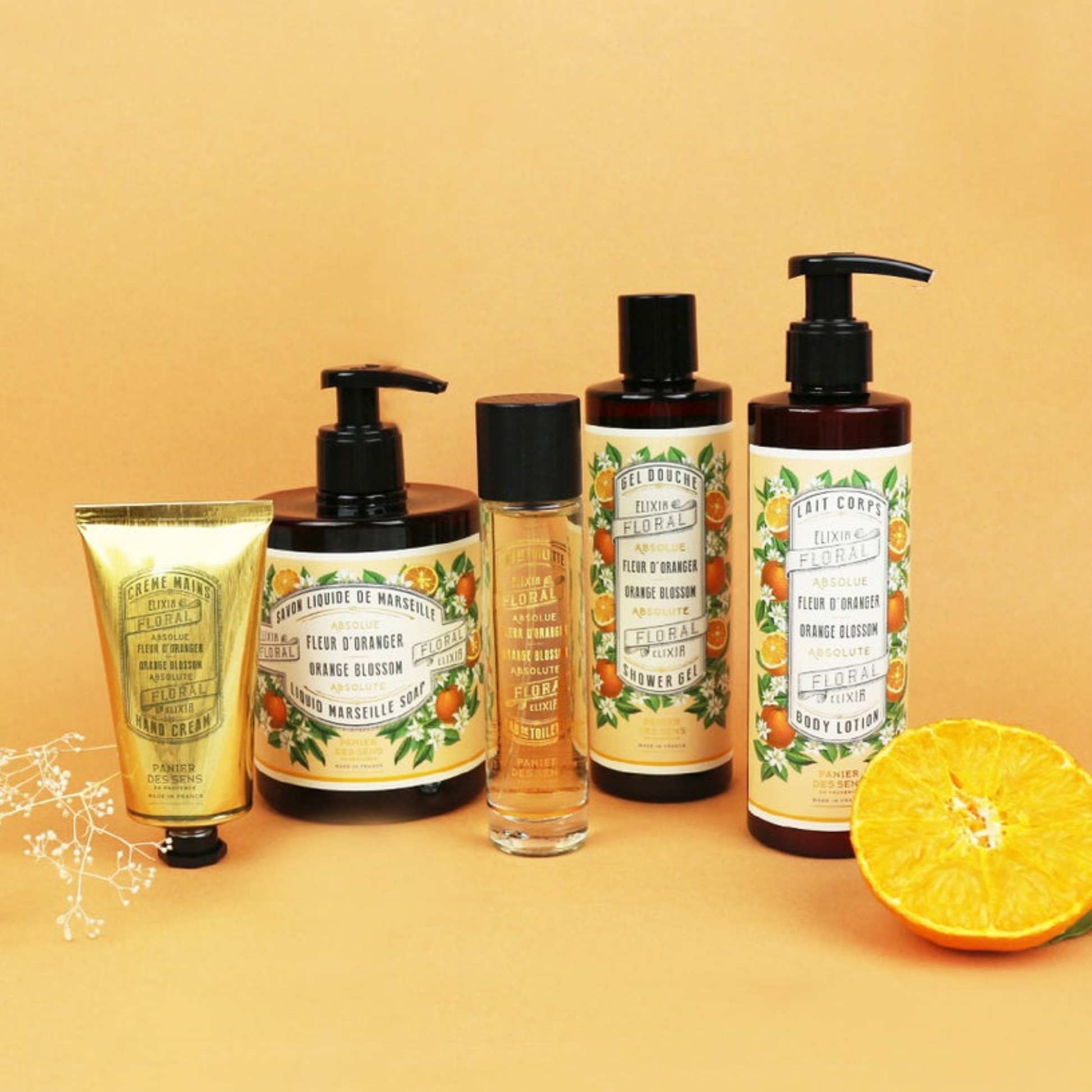 Assorted Panier Des Sens Orange Blossom range including Marseille Liquid Soap Orange Blossom