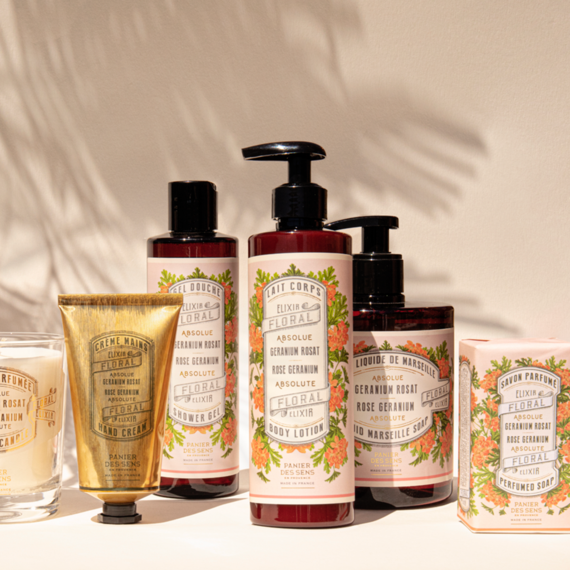 Assorted Panier Des Sens Rose Geranium range including Marseille Liquid Soap Rose Geranium