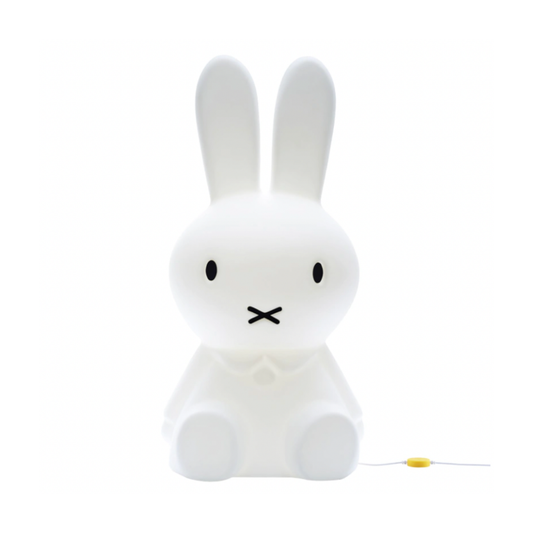 Front on view of childrens cute Mr Maria decorative white Miffy night light 30 cm with power chord attached 