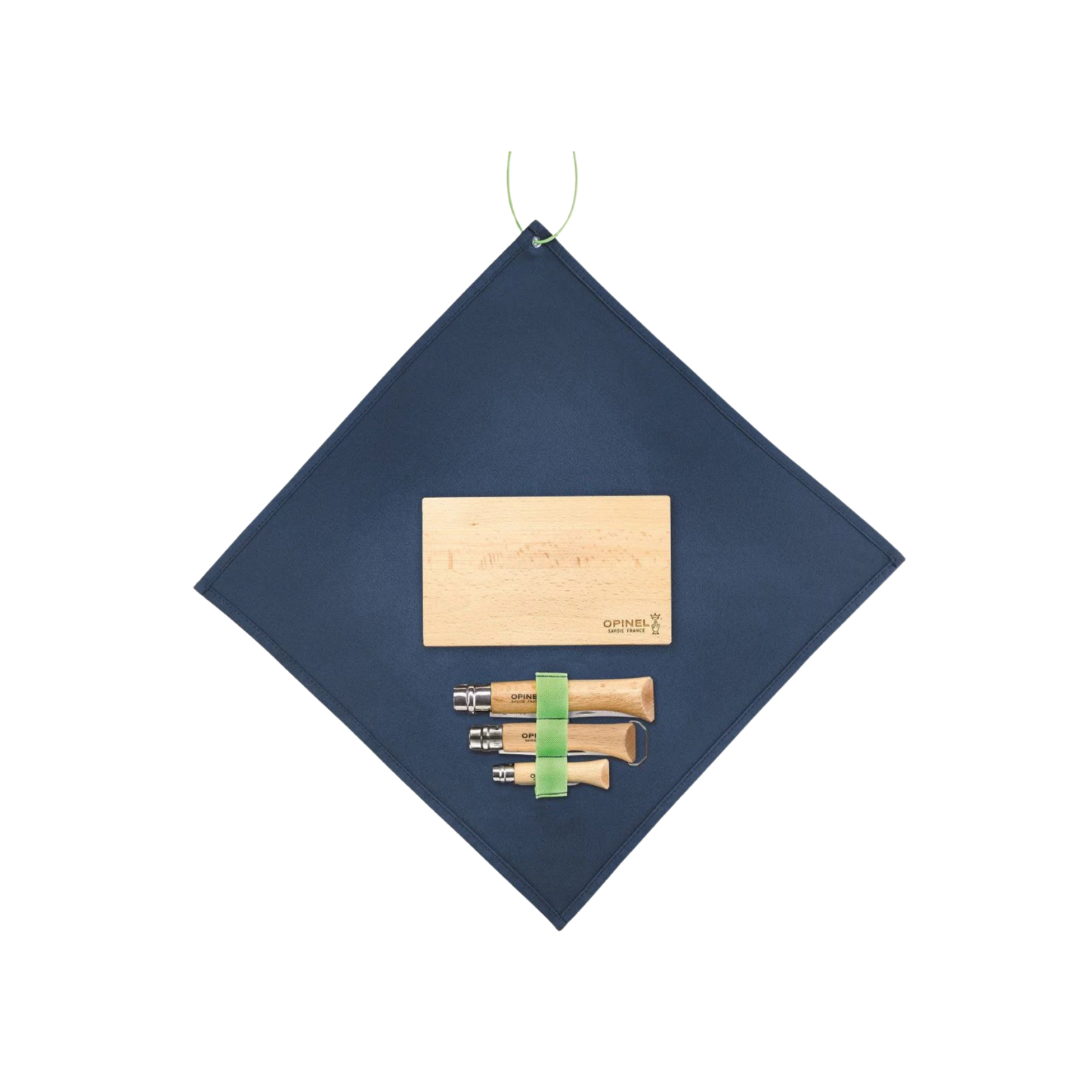 Opinel Nomad 3 Piece Cooking Kit Gift Box unpackaged on the included table cloth with knives and chopping boards