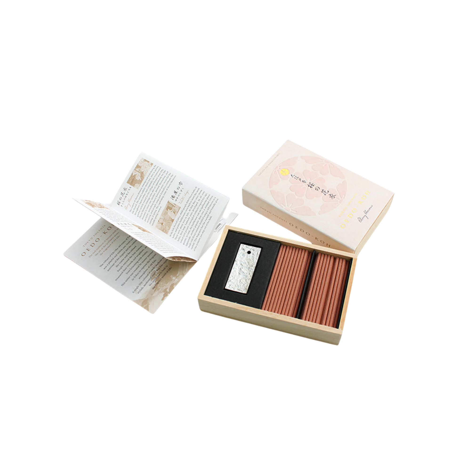 Oedo-Koh Incense Cherry Blossoms interior packagong with information booklet on display