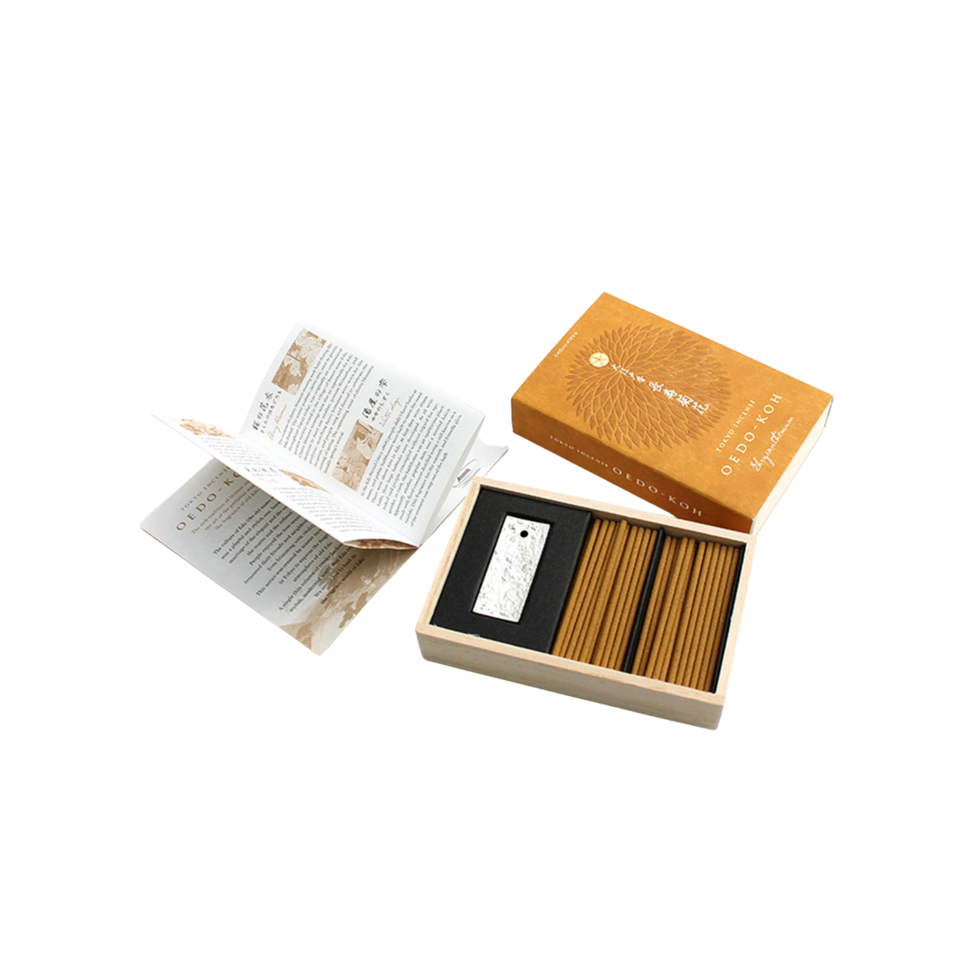 Oedo-Koh Incense Chrysanthenum interior packagong with information booklet on display