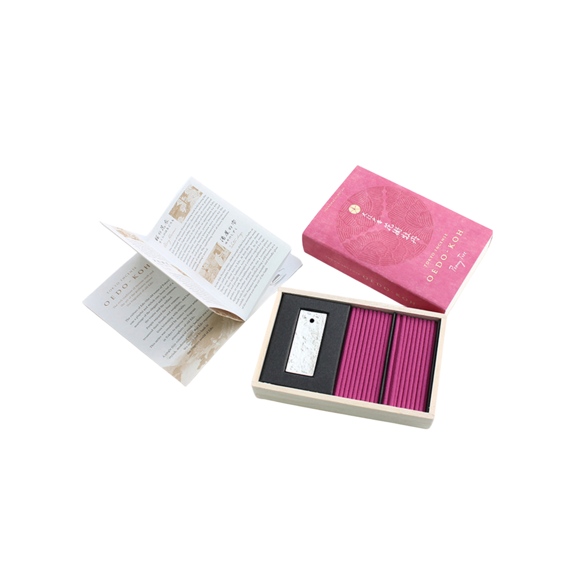 Oedo-Koh Incense Peony Tree interior packagong with information booklet on display