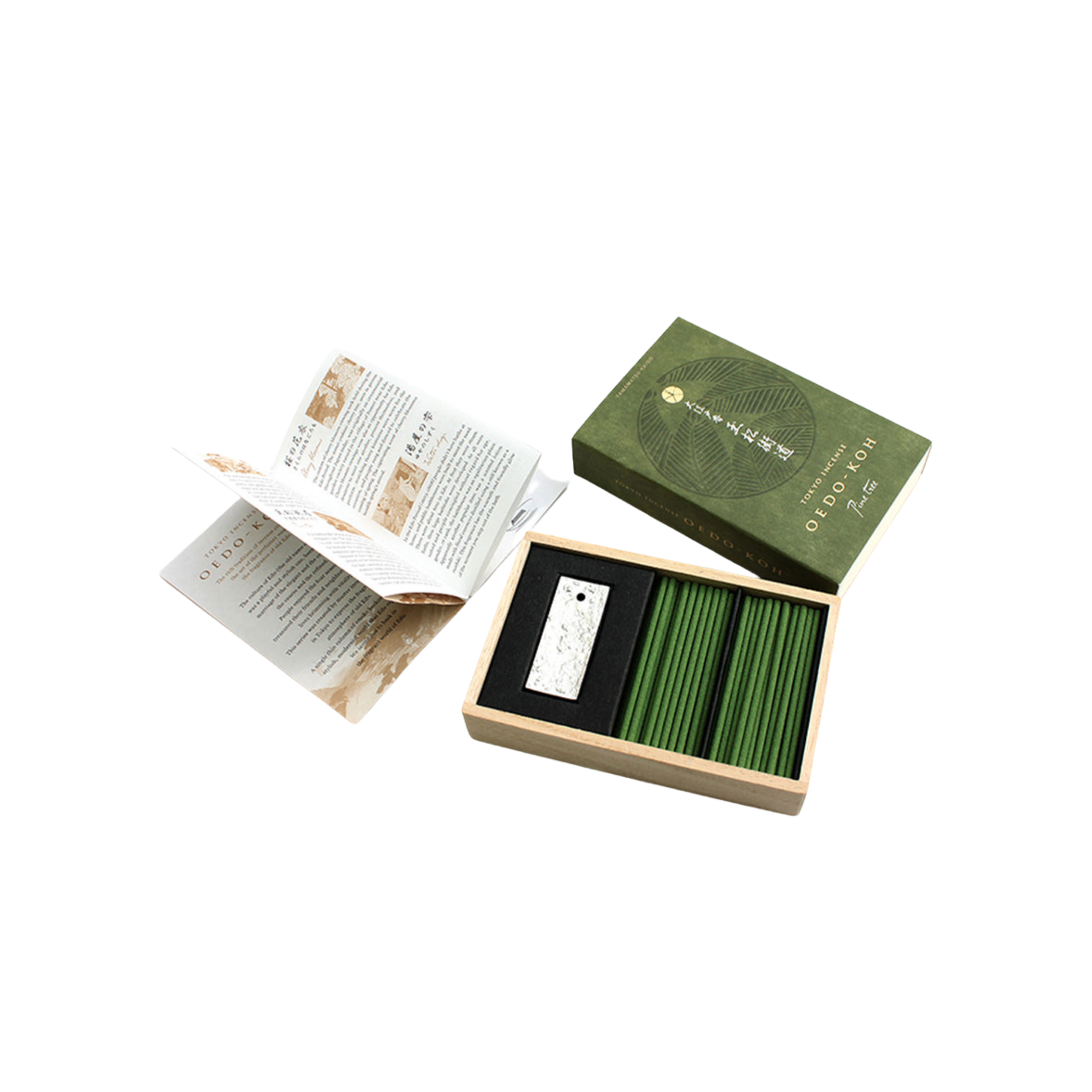 Oedo-Koh Incense Pine Tree interior packagong with information booklet on display