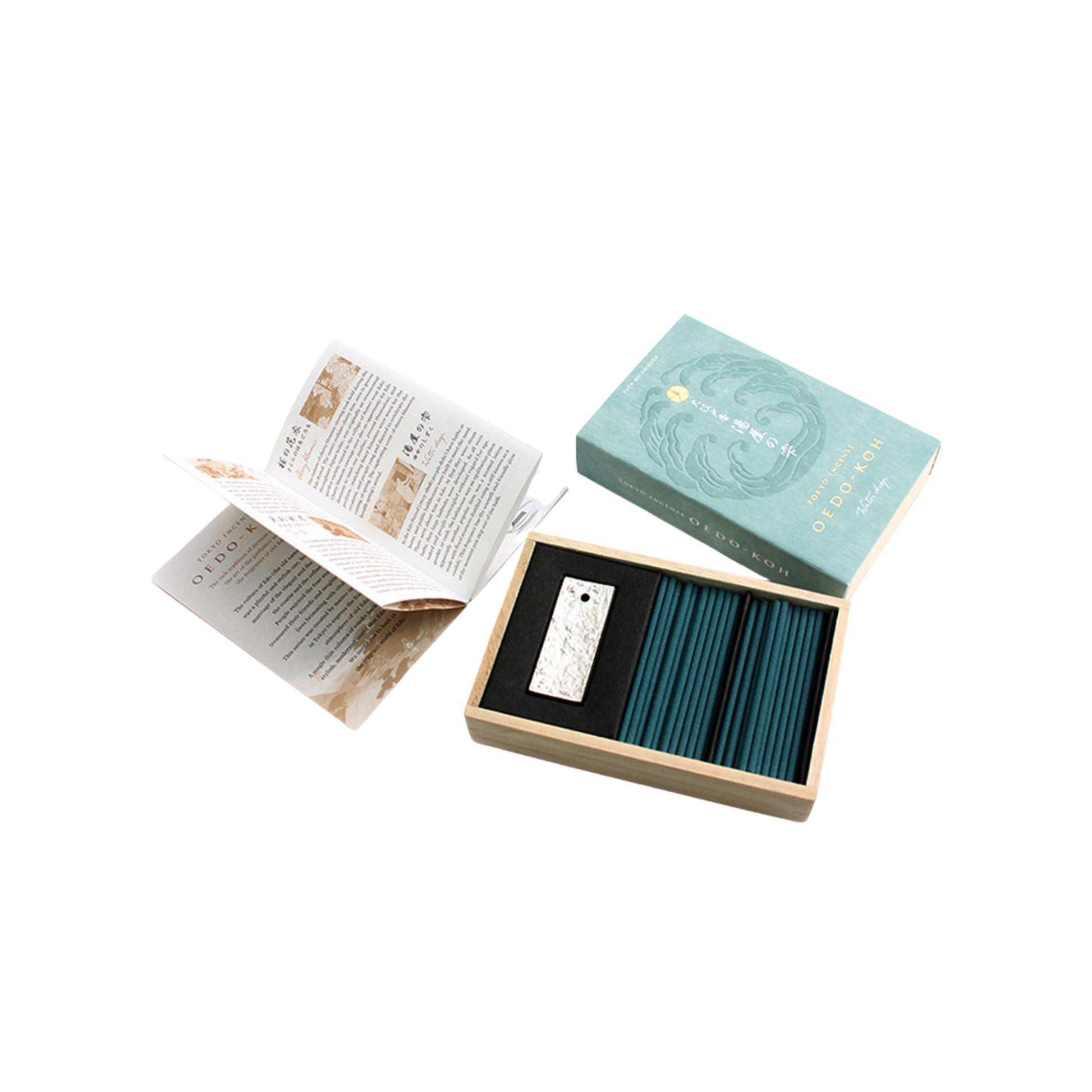 Oedo-Koh Incense Water Drop interior packagong with information booklet on display