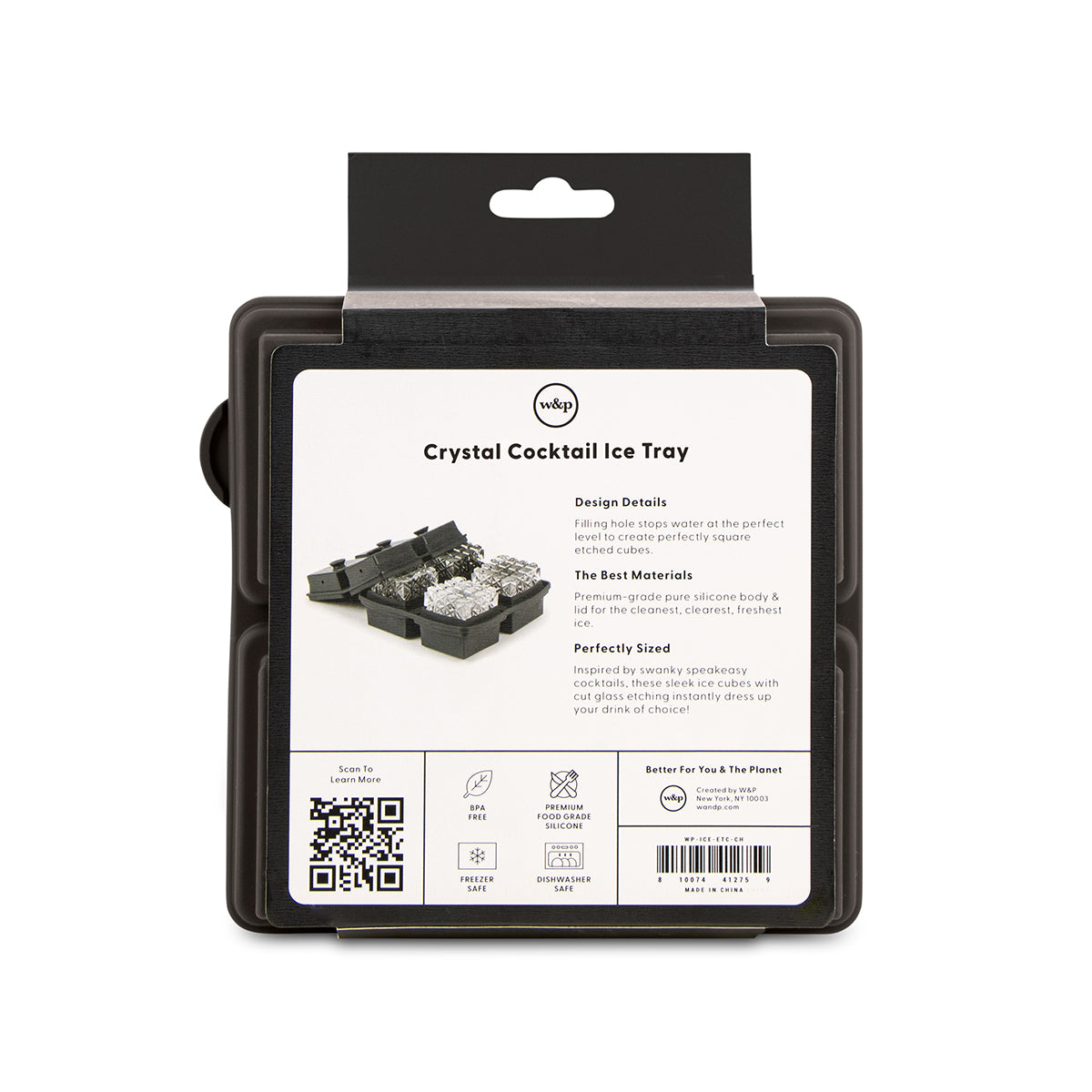Reverse of WP charcoal crystal cocktail ice cube tray packaging on white background