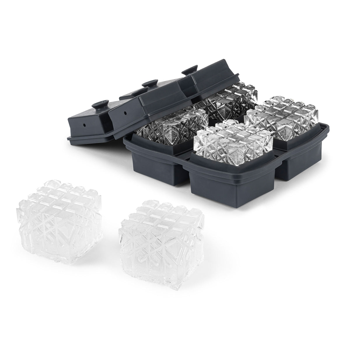 WP charcoal crystal cocktail ice cubes inside mould and outside on white background
