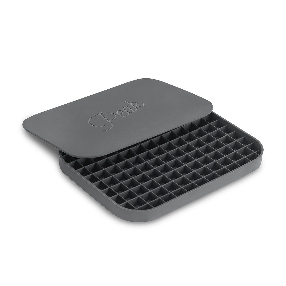 WP pebble ice cube tray with lid half on on white background