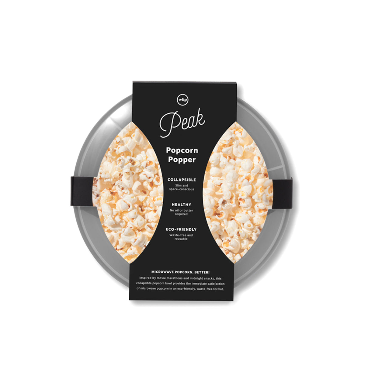 WP charcoal popcorn popper packaging face on with belly band on white background
