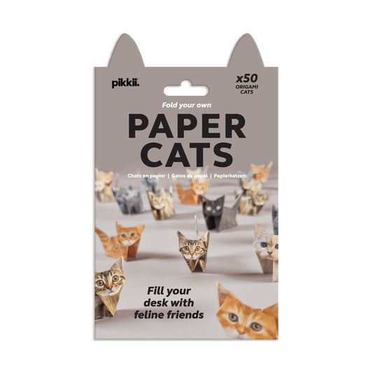 Front view of Paper Cats origami kit - foldable multi-color FSC paper set featuring 50 cat and kitten designs, eco-friendly paper material with soy-based printing, includes step-by-step instructions for creating assorted life-like paper cats.