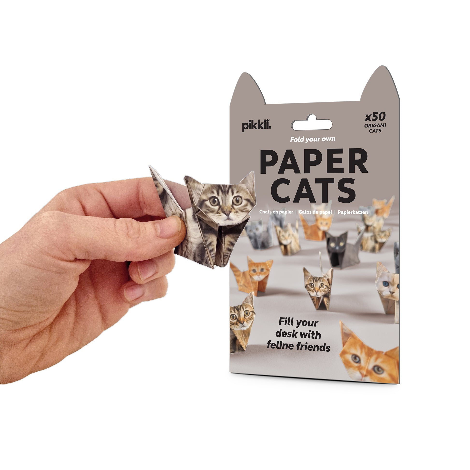 Grey-black paper cat from Paper Cats origami kit - foldable multi-color FSC paper set featuring 50 cat and kitten designs, eco-friendly paper material with soy-based printing, includes step-by-step instructions for creating assorted life-like paper cats.