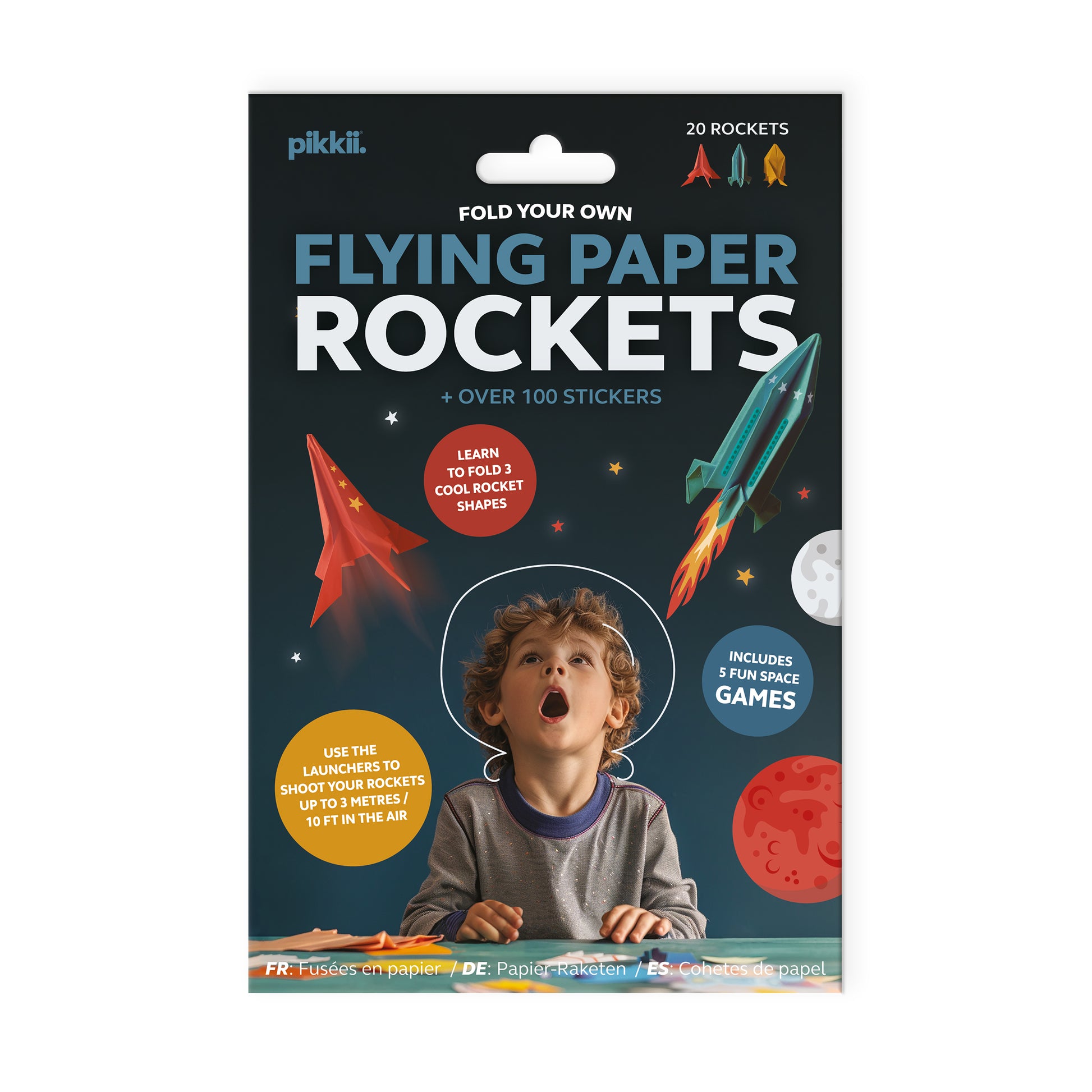 Pikkii Flying Paper Rockets kit - DIY paper rocket craft set in multi-color FSC-style printed sheets, includes materials for 20 foldable rockets in 3 shapes, blow launchers, 100+ stickers, and step-by-step instructions; lightweight fun craft kit for kids ages 6+.