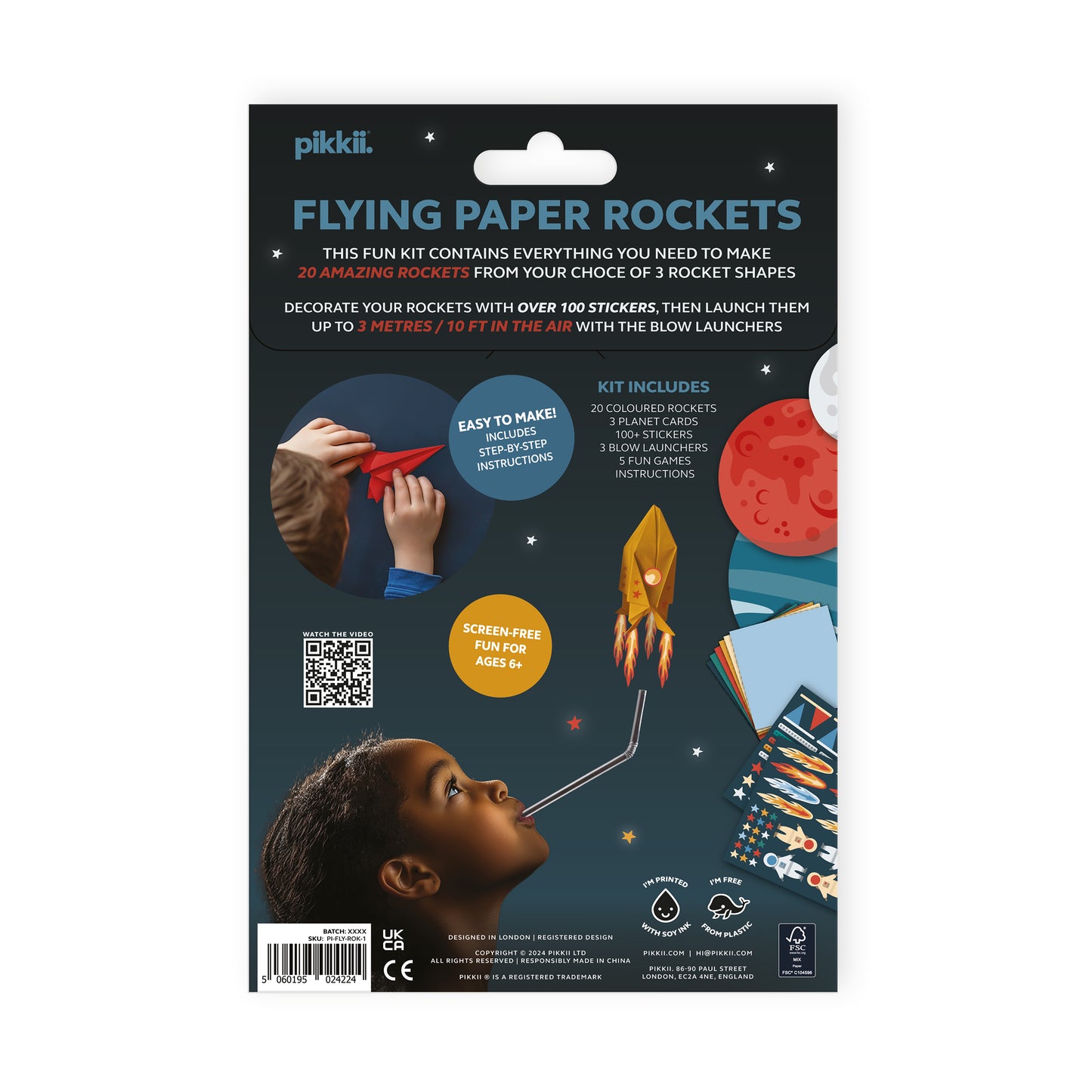 Back view from the packaging of Pikkii Flying Paper Rockets kit - DIY paper rocket craft set in multi-color FSC-style printed sheets, includes materials for 20 foldable rockets in 3 shapes, blow launchers, 100+ stickers, and step-by-step instructions; lightweight fun craft kit for kids ages 6+.