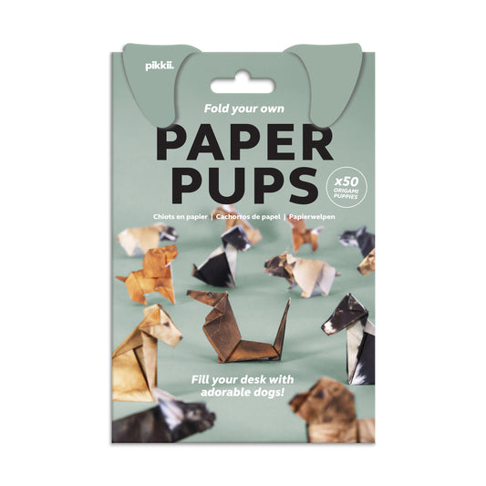 Front view of Paper Pups origami dog kit - FSC-paper fold-your-own canine set with 50 pre-printed double-sided origami sheets and instruction booklet, eco-friendly soy-ink printing, creates multiple breeds like Border Collie, Labrador, Dachshund, French Bulldog, and more.