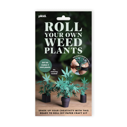 Front view of Plastic-free packaging from Pikkii Roll Your Own Weed Plants paper craft kit - premium FSC-paper DIY kit with pre-cut sheets for creating three paper marijuana plants, soy-ink printing, 140×260×5 mm size, includes step-by-step instructions.