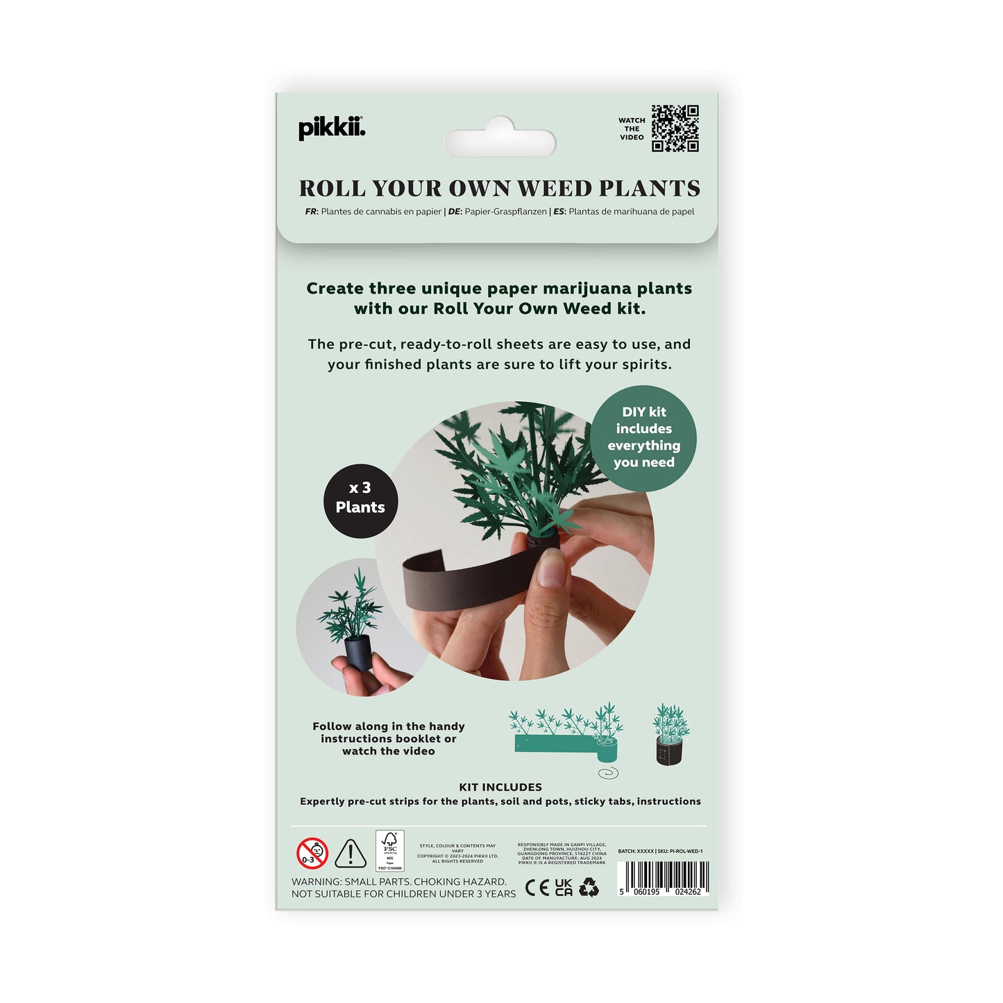 Back view of the packaging of Pikkii Roll Your Own Weed Plants paper craft kit - premium FSC-paper DIY kit with pre-cut sheets for creating three paper marijuana plants, plastic-free packaging, soy-ink printing, 140×260×5 mm size, includes step-by-step instructions.