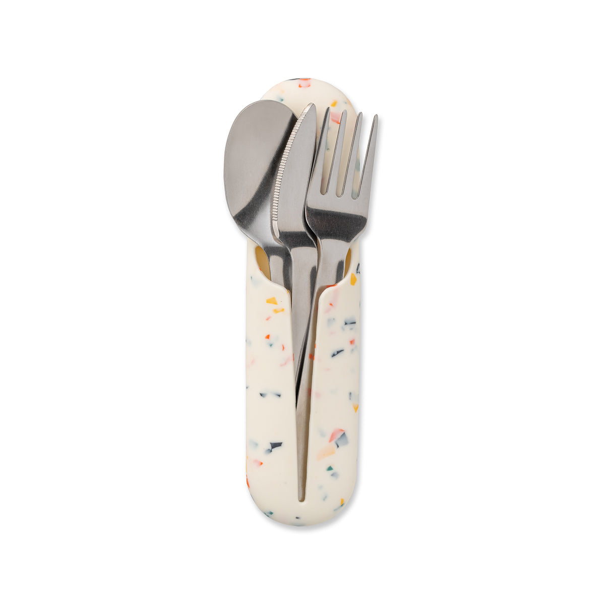 WP terrazzo cream stainless steel utensil set with cutlery peaking out 