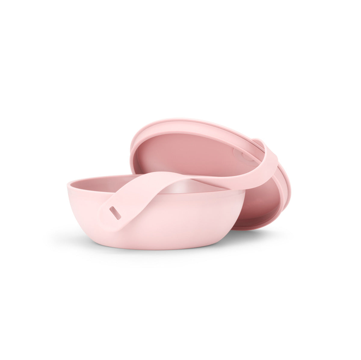 WP blush plastic lunch bowl with lid half on on white background