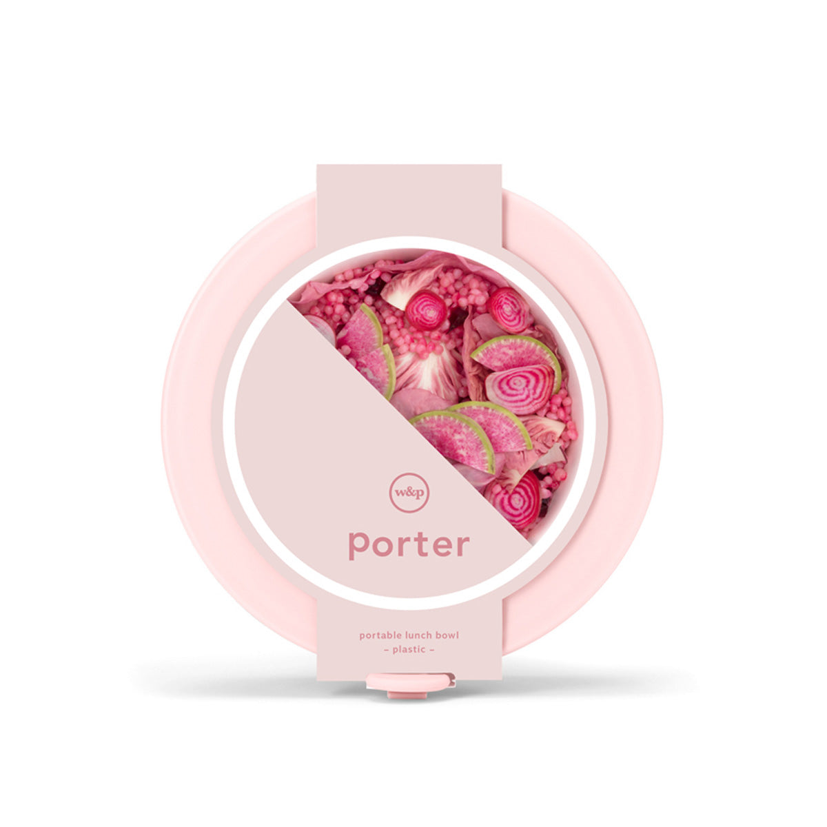 Face on WP blush plastic lunch bowl with card belly band