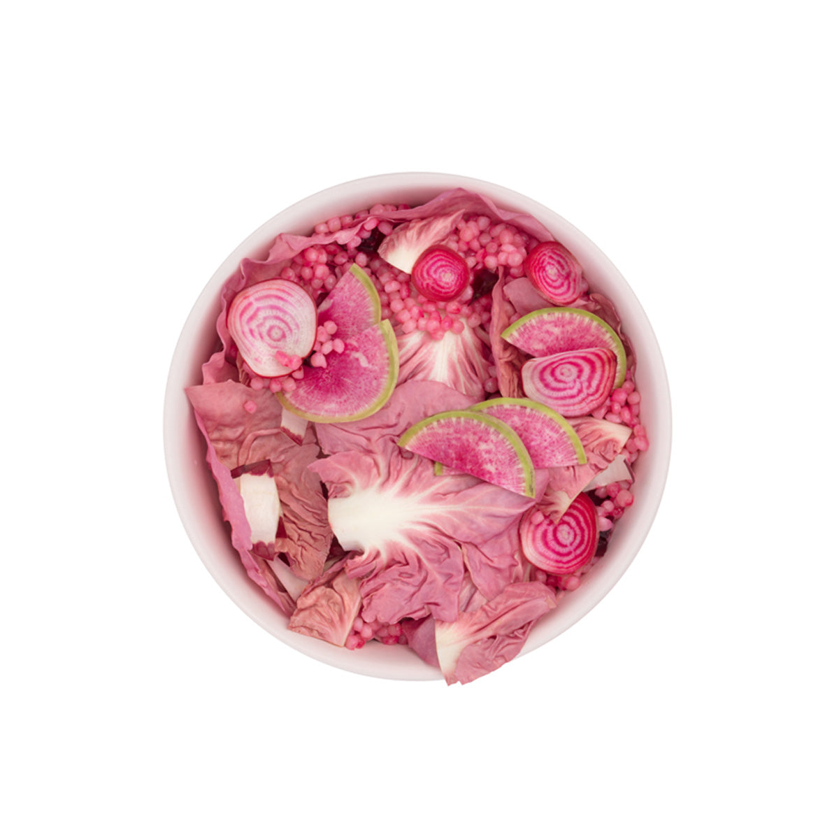 aerial of WP blush plastic lunch bowl open with red and pink salad 
