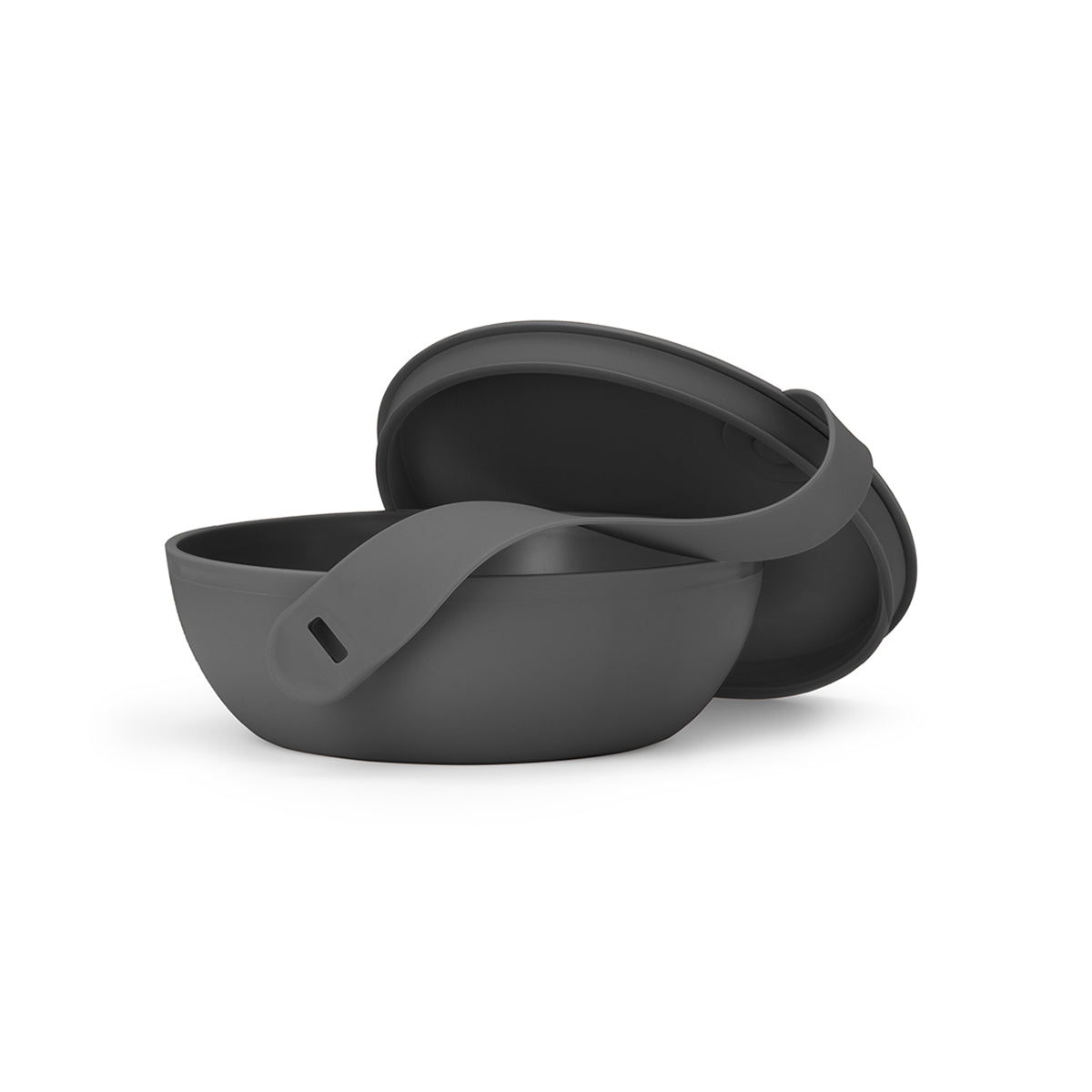 WP chacoal plastic lunch bowl with lid half on on white background