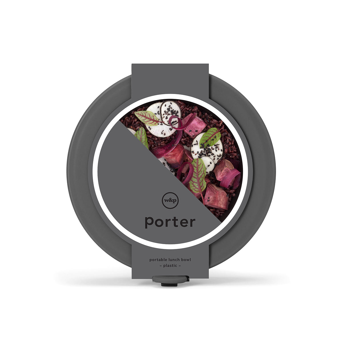 Face on WP charcoal plastic lunch bowl with card belly band