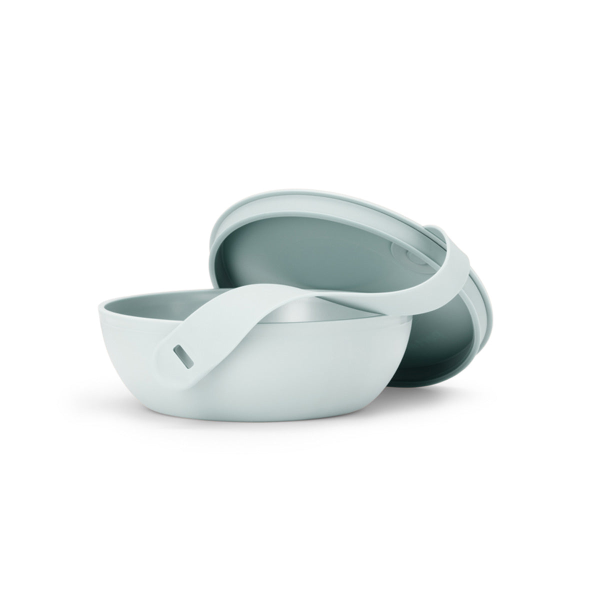 WP mint plastic lunch bowl with lid half on on white background