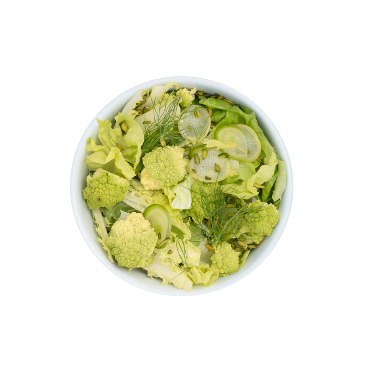 aerial view of WP mint plastic lunch bowl with green salad