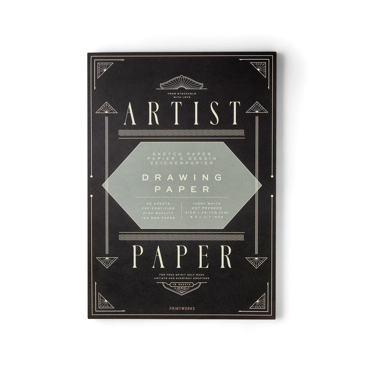 Printworks artist drawing paper on white background