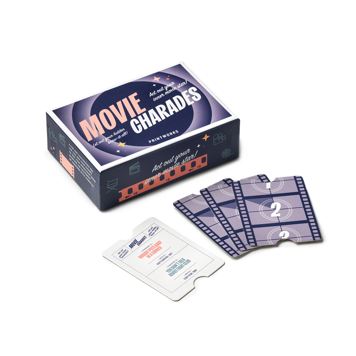 Printworks movie charades card game box close up on white background with cards on an angle