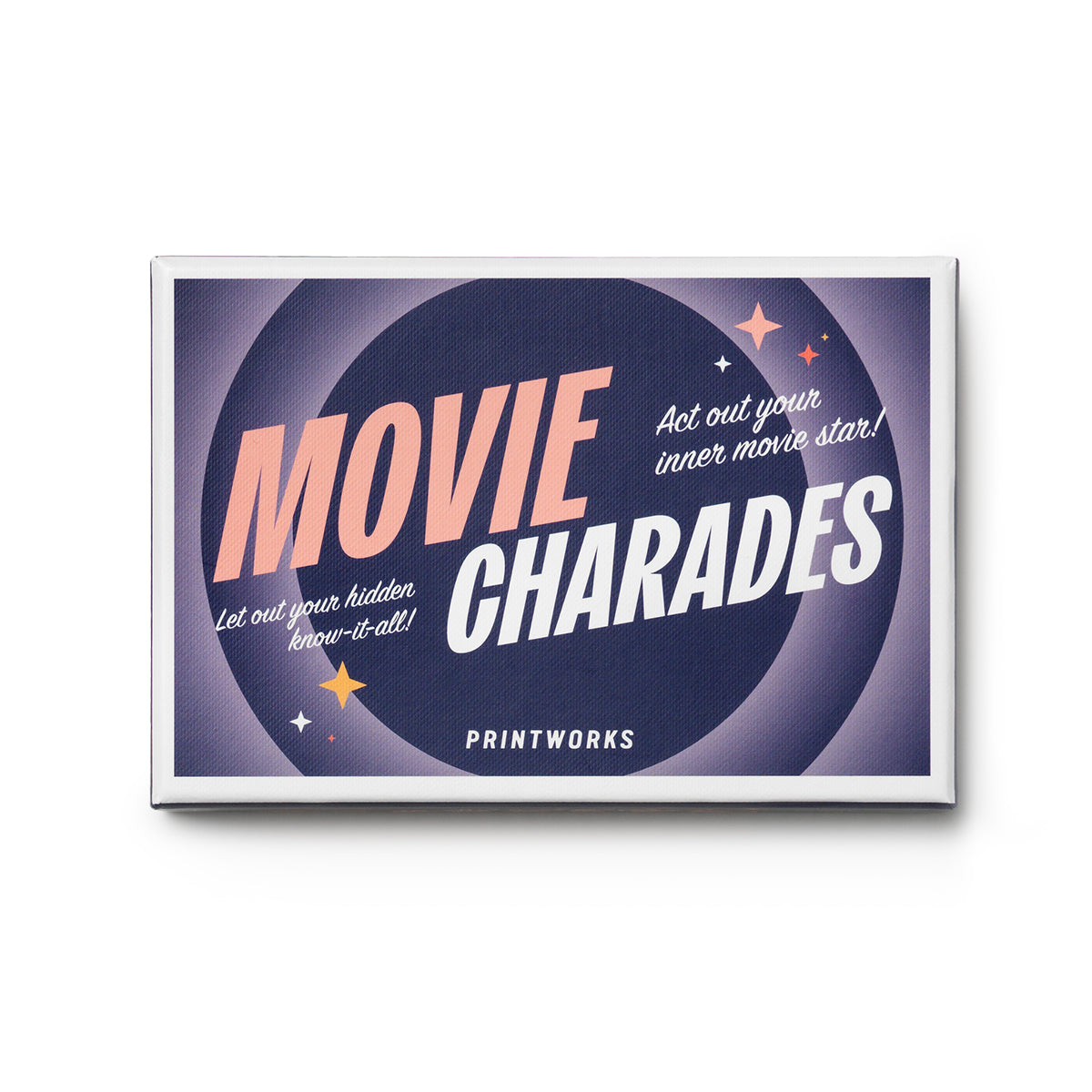 Printworks movie charades card game box close up on white background