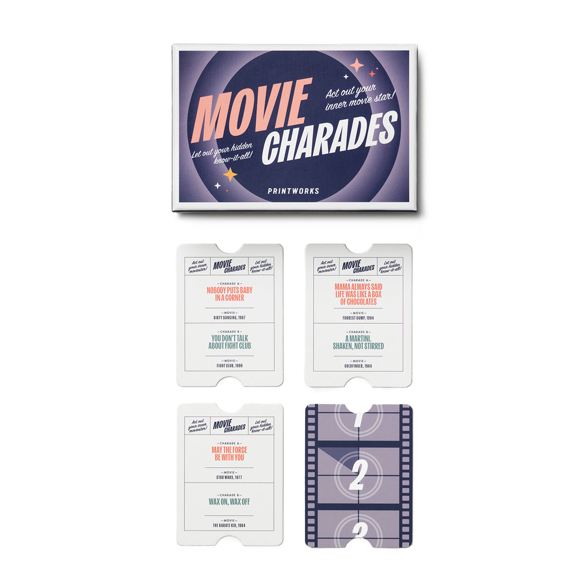 Printworks movie charades card game box close up on white background with 4 cards lined up below the box