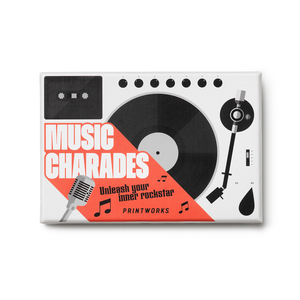 Printworks music charades card game box close up on white background