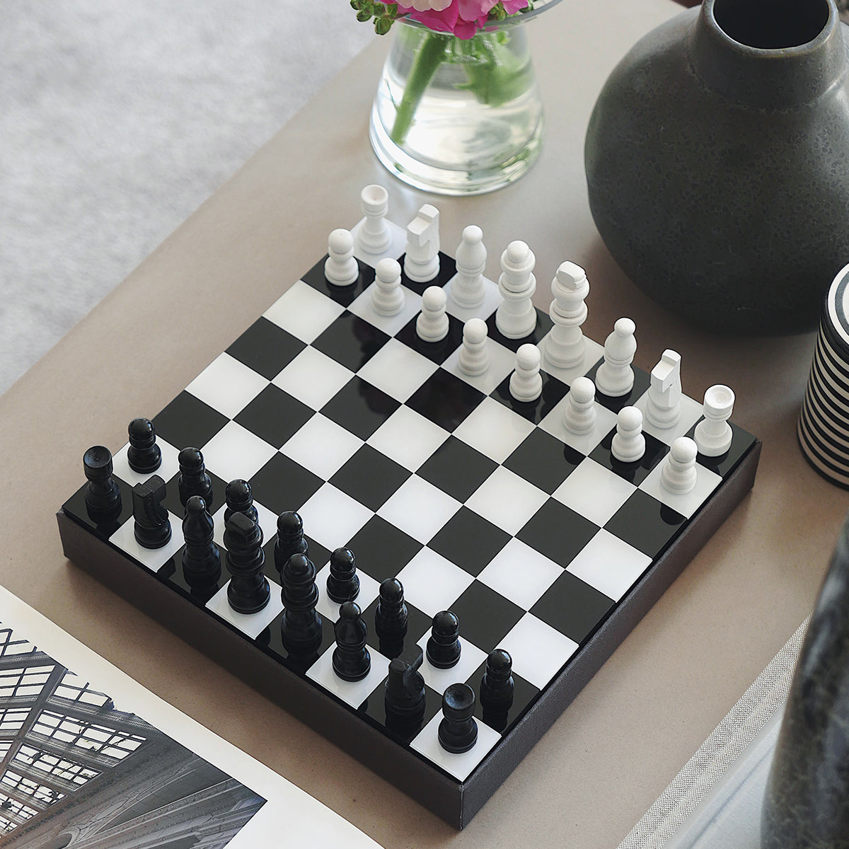 Printworks classic art of chess black and white checker board on wooden coffee table 