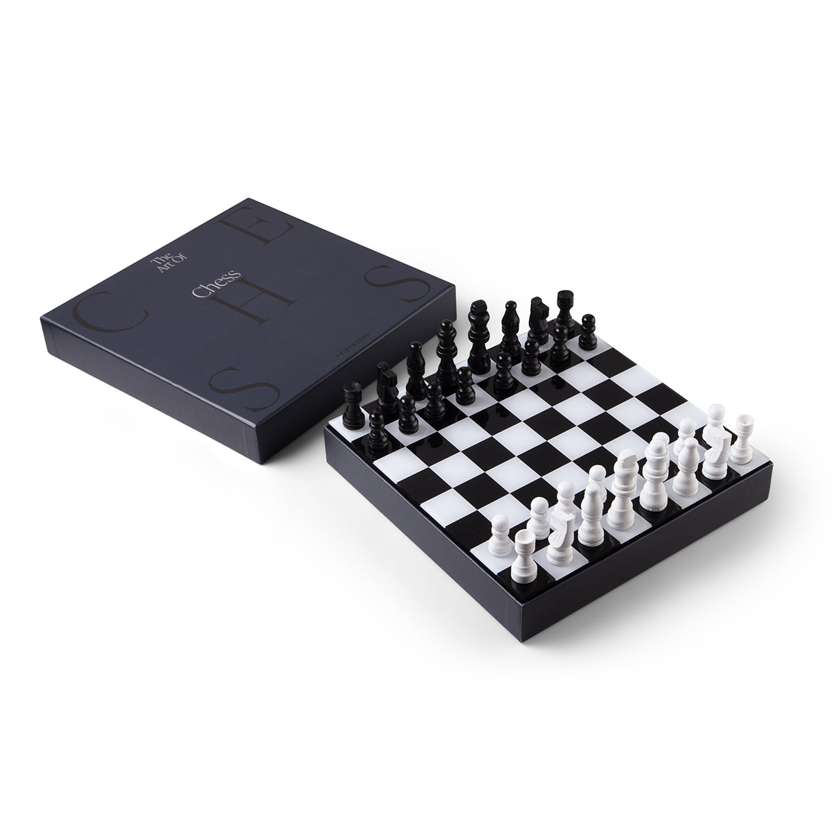 Printworks classic art of chess black and white checker board and black box on white background