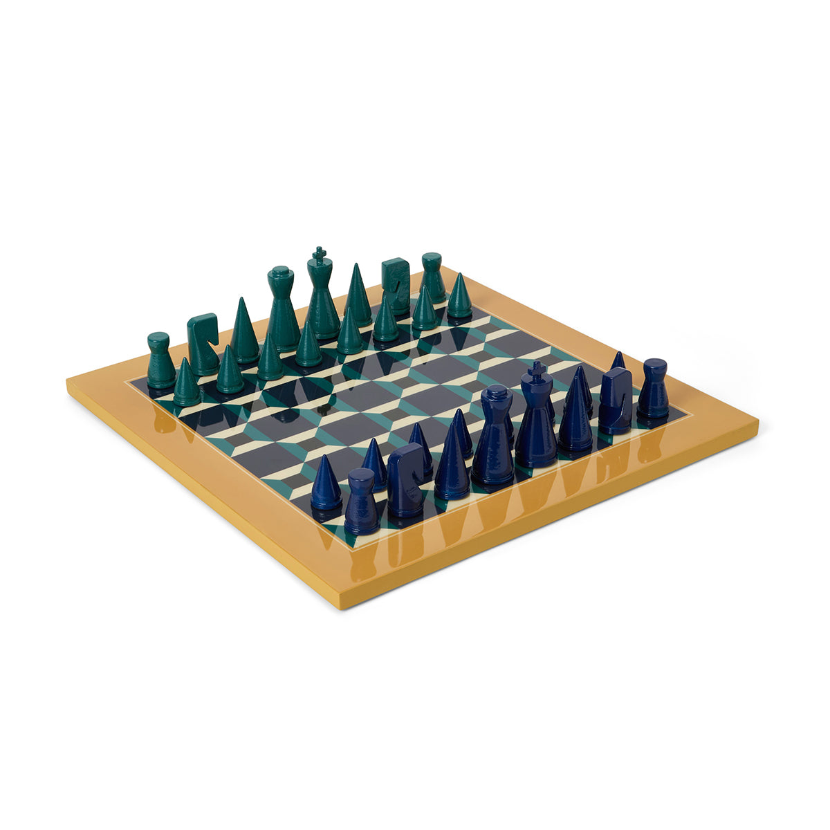 Printworks classic chess game lacquered athena set up with pieces on an angle on white background