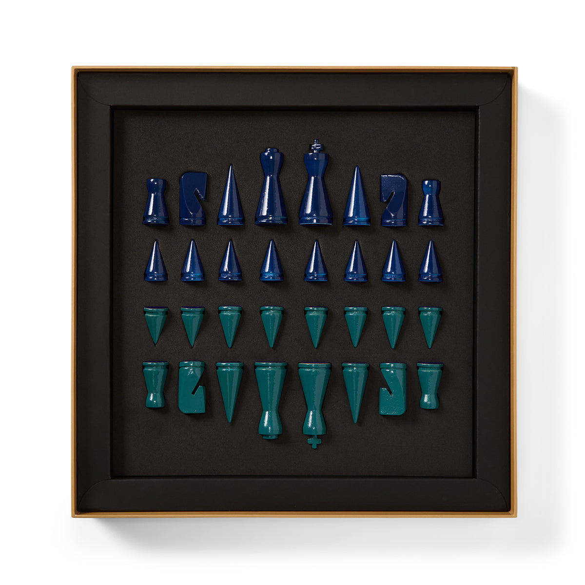 Navy and aqua chess pieces from Printworks classic chess game lacquered athena in black box 