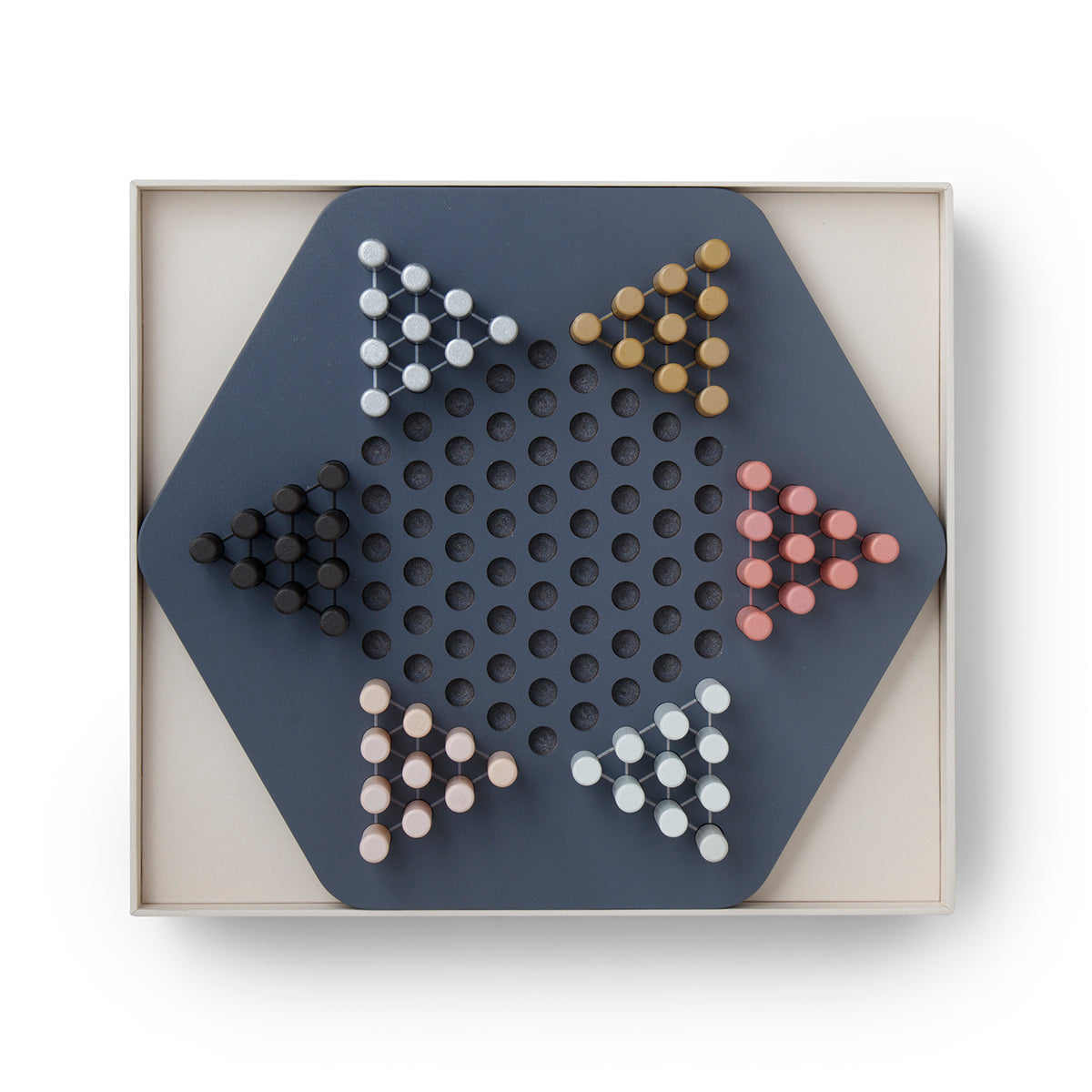 Printworks classic chinese checkers game set up inside box lid on white background