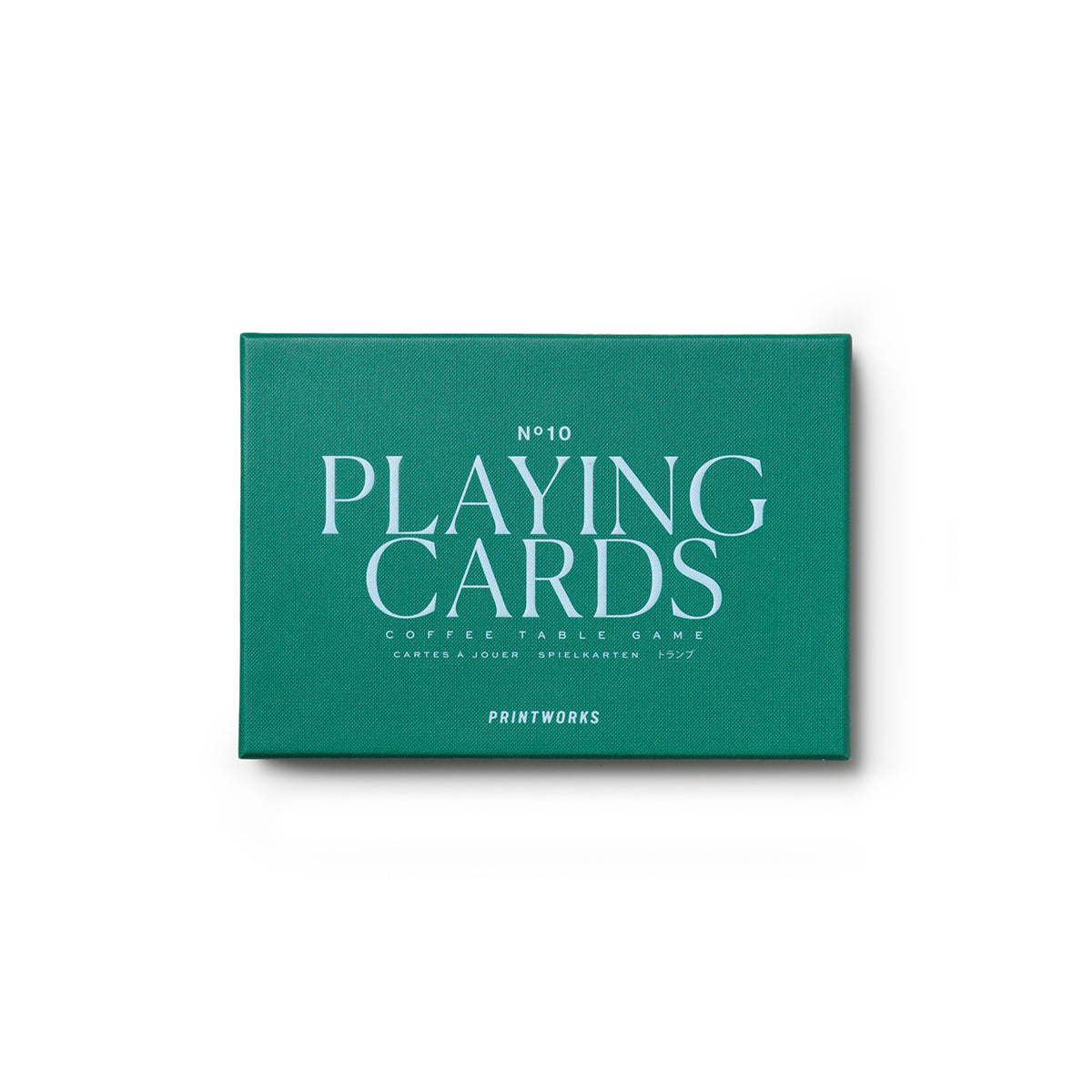 Front view of the box of Printworks Classic Games double playing cards - twin deck set in modern stylish box, multi-color premium cardstock material with refined graphics, durable finish and elegant storage case.